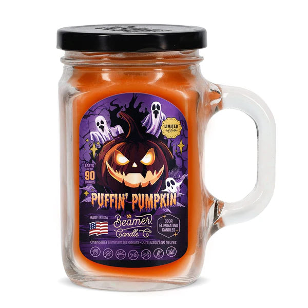 Beamer Candle Co. 12oz Glass Mason Jar, Puffin Pumpkin